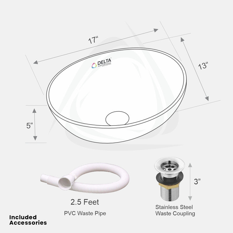 DELTA Premium Designer Ceramic Wash Basin(GJ0034)with Waste Pipe & Coupling set (0034)(17x13.5x6) Table Top Basin  (White)