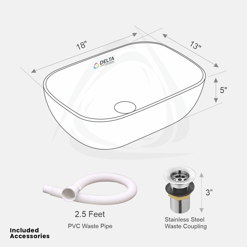 DELTA Premium Designer Ceramic Wash Basin(M09) with Waste Pipe & Coupling set (18x13x5)(0009) Table Top Basin  (White)