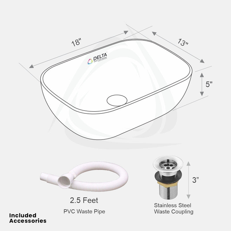 DELTA Premium Designer Ceramic Wash Basin Matt with Waste Pipe & Coupling Set (18*13*5)(M-63) Table Top Basin