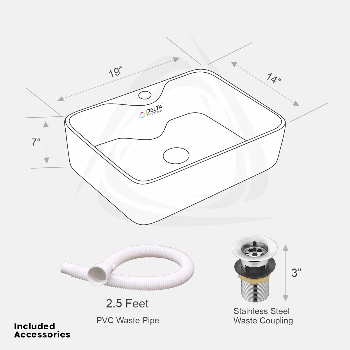 Delta Premium Designer Ceramic Wash Basin(White)with Waste Pipe & Coupling set (19*14*5)(White) Table Top Basin  (White)