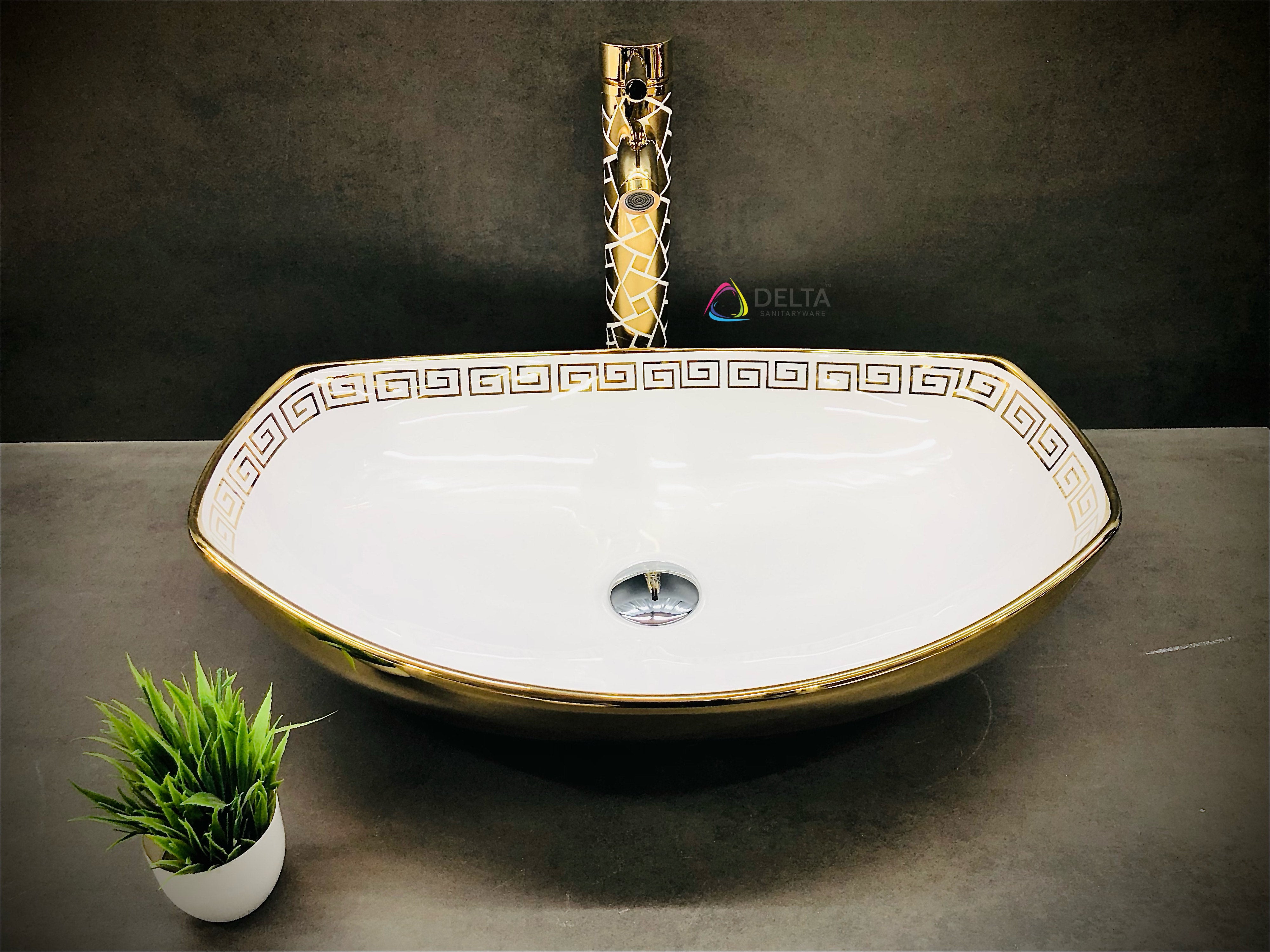 Delta Premium Imported Designer Ceramic Wash Basin(Golden Series) (22x16x6.2)(Gold Design) Table Top Basin  (White, Gold)