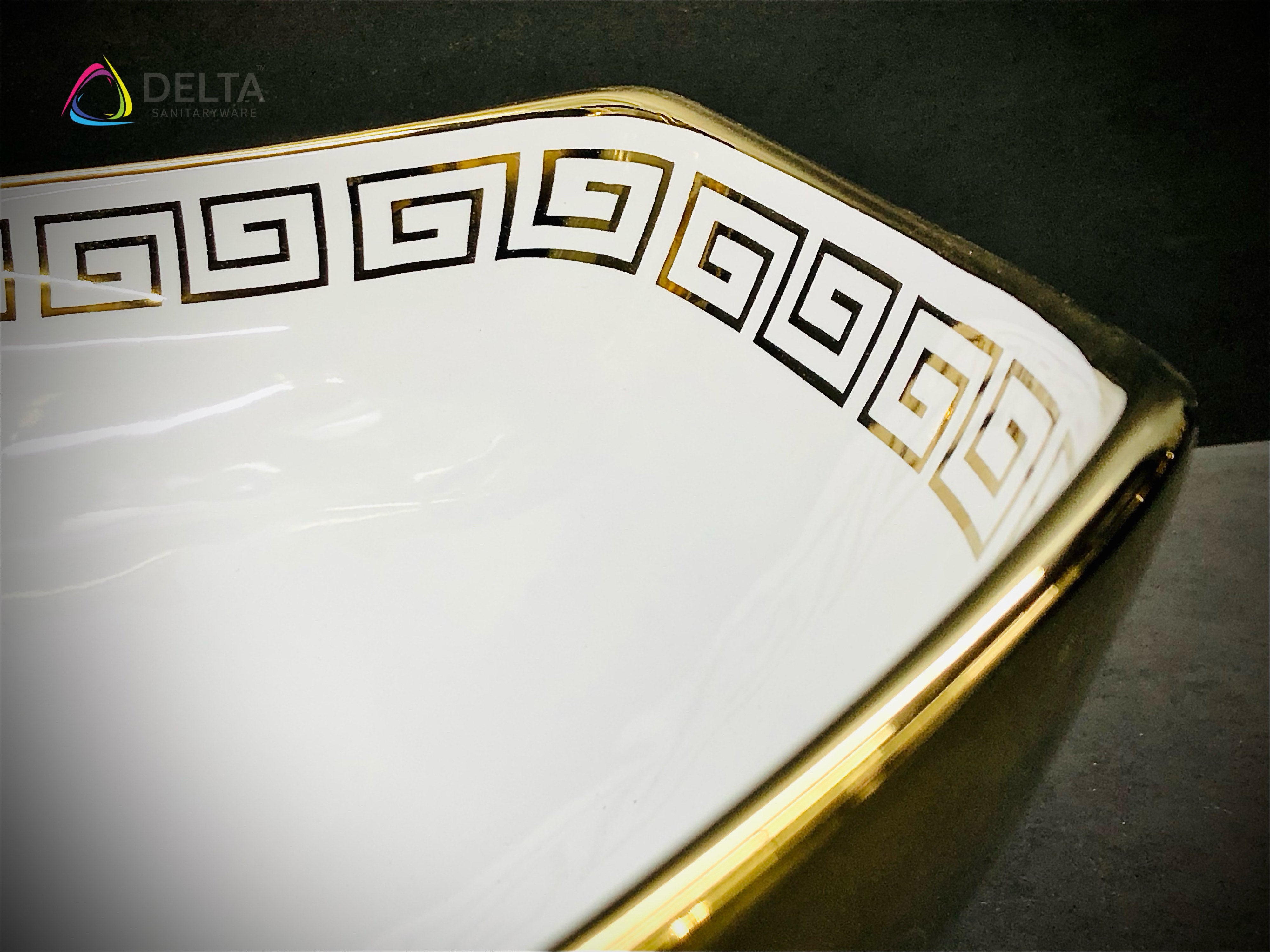 Delta Premium Imported Designer Ceramic Wash Basin(Golden Series) (22x16x6.2)(Gold Design) Table Top Basin  (White, Gold)