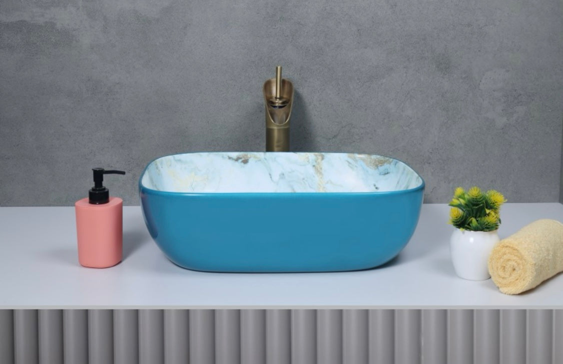 DELTA Premium Designer Ceramic Wash Basin(Glossy) with Waste Pipe & Coupling set (1048 & Blue)(18*13*5) Table Top Basin