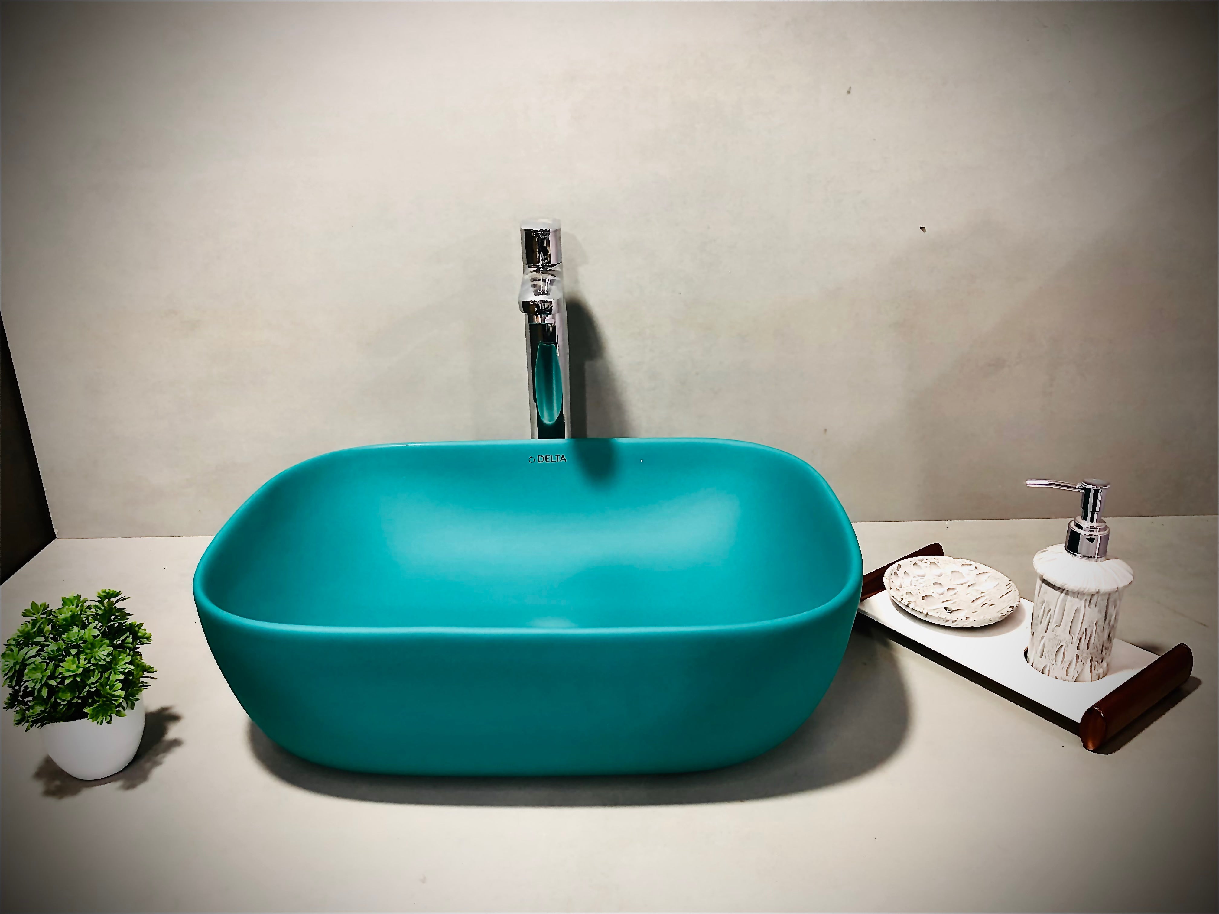 DELTA Premium Designer Ceramic Wash Basin(Rich Green)with Waste Pipe & Coupling set(18*13*5) Table Top Basin