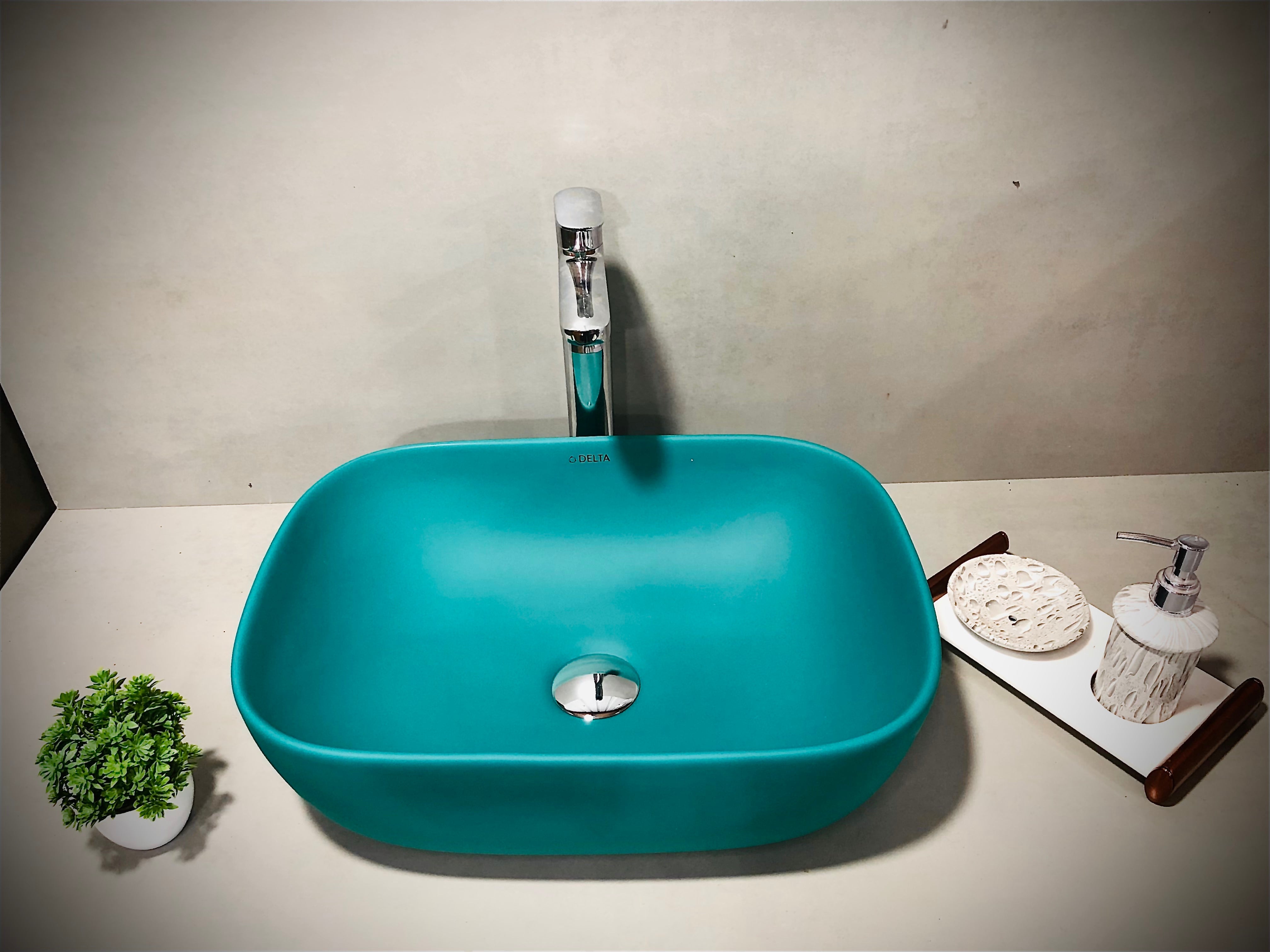 DELTA Premium Designer Ceramic Wash Basin(Rich Green)with Waste Pipe & Coupling set(18*13*5) Table Top Basin