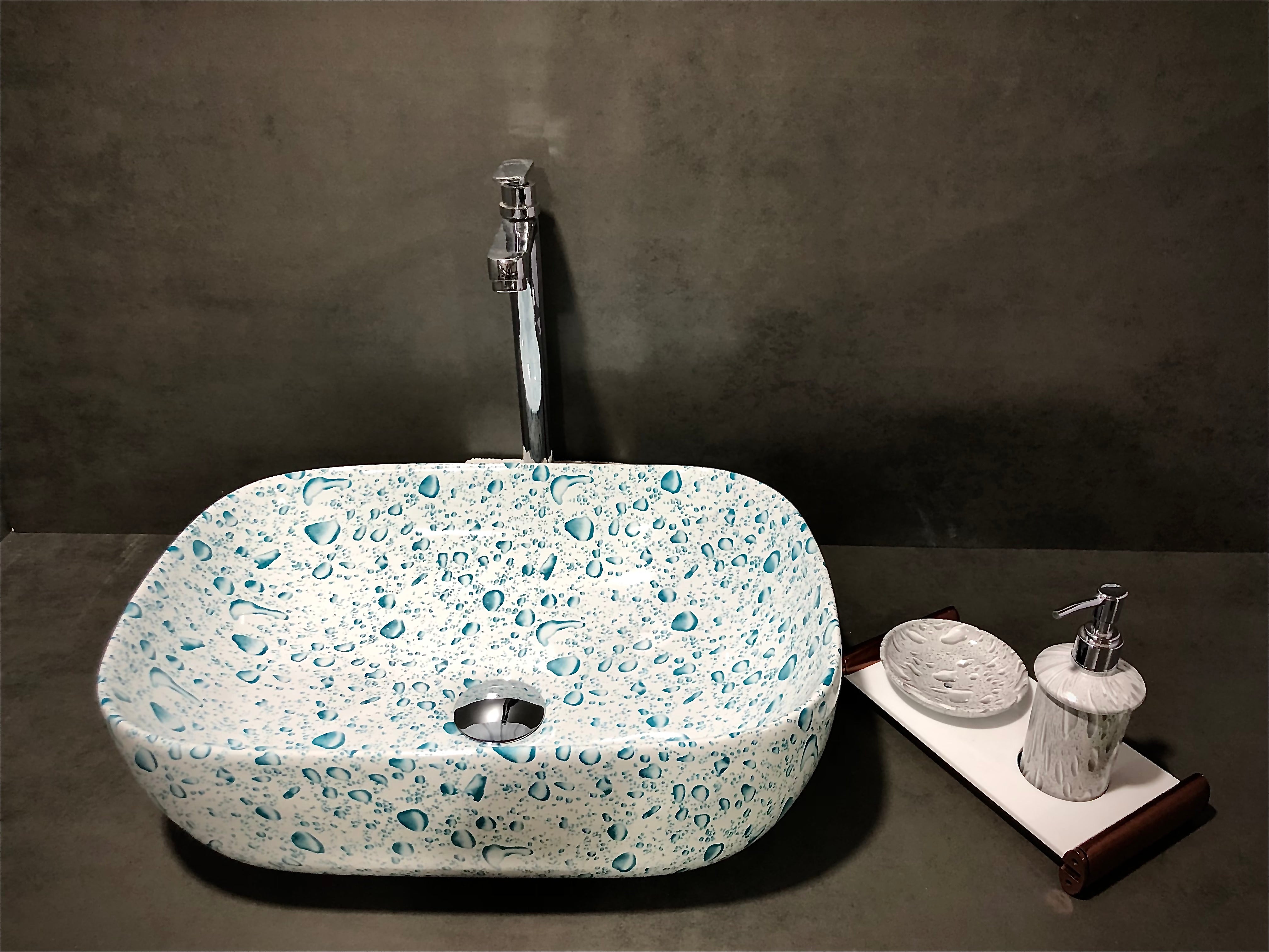 DELTA Premium Designer Ceramic Wash Basin(Water) with Waste Pipe & Coupling set (18x13x5)(Water Drops) Table Top Basin