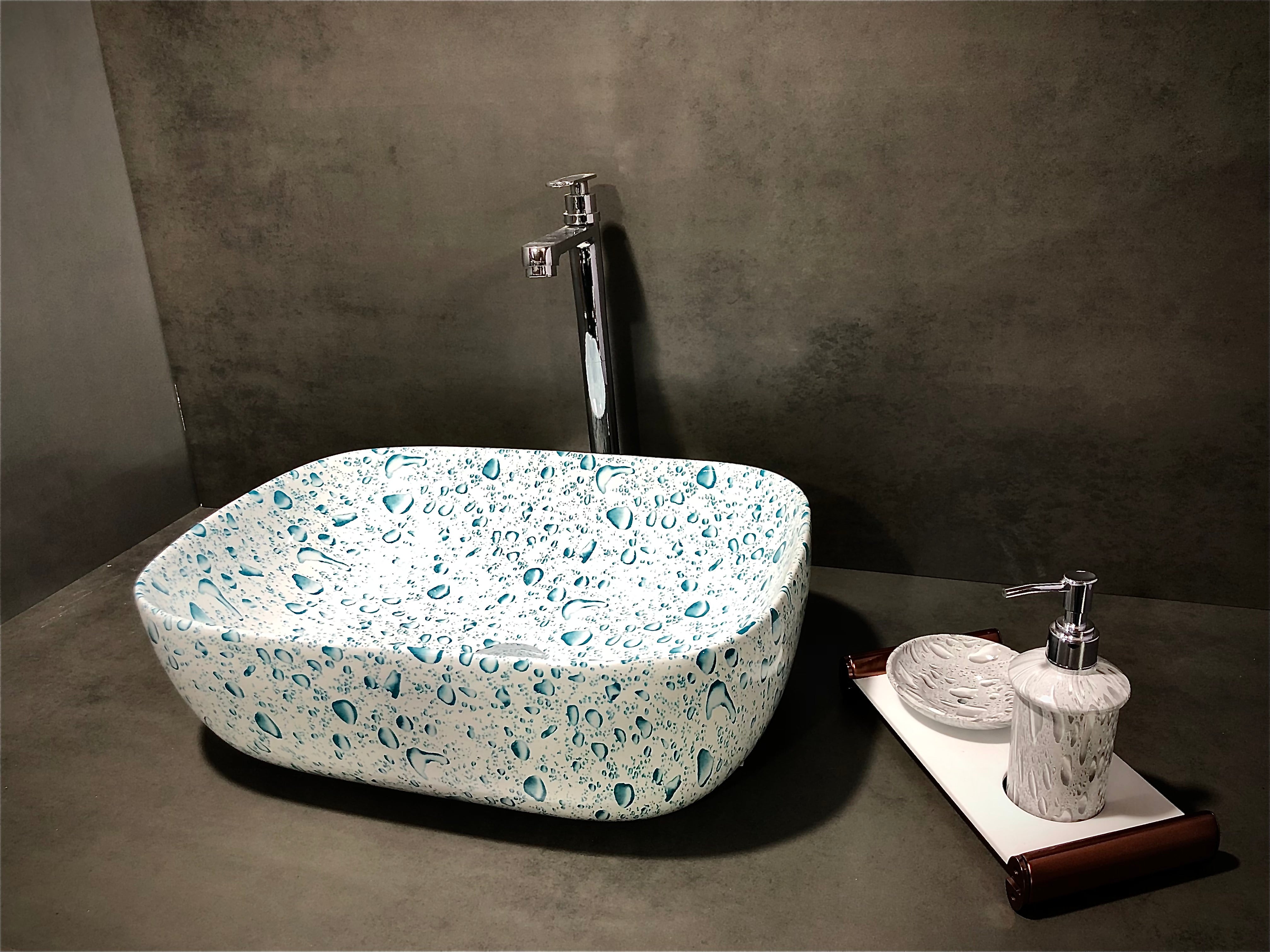 DELTA Premium Designer Ceramic Wash Basin(Water) with Waste Pipe & Coupling set (18x13x5)(Water Drops) Table Top Basin