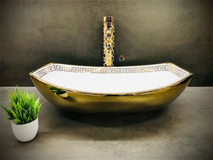 Delta Premium Imported Designer Ceramic Wash Basin(Golden Series) (22x16x6.2)(Gold Design) Table Top Basin  (White, Gold)