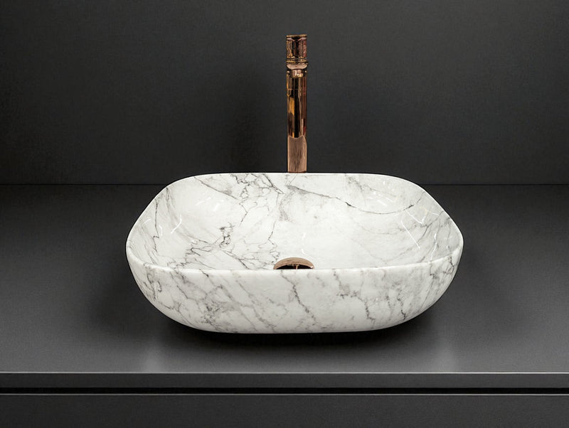 DELTA Premium Marble Designer Ceramic Wash Basin (18x13x5) Table Top Basin (White)