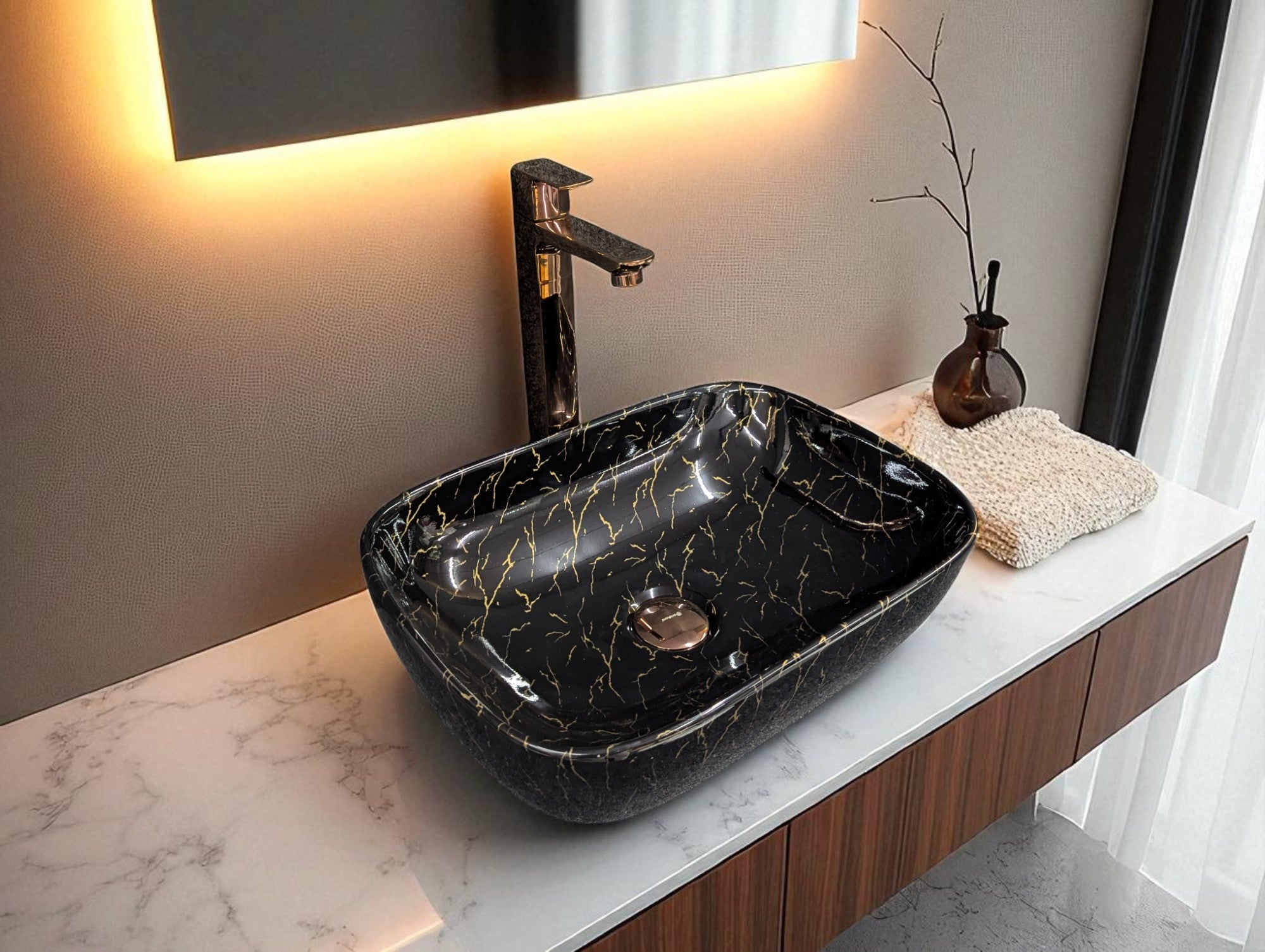 DELTA Table Top Premium Designer Ceramic Wash Basin(27) Designer Table Top Basin (Black & Golden)
