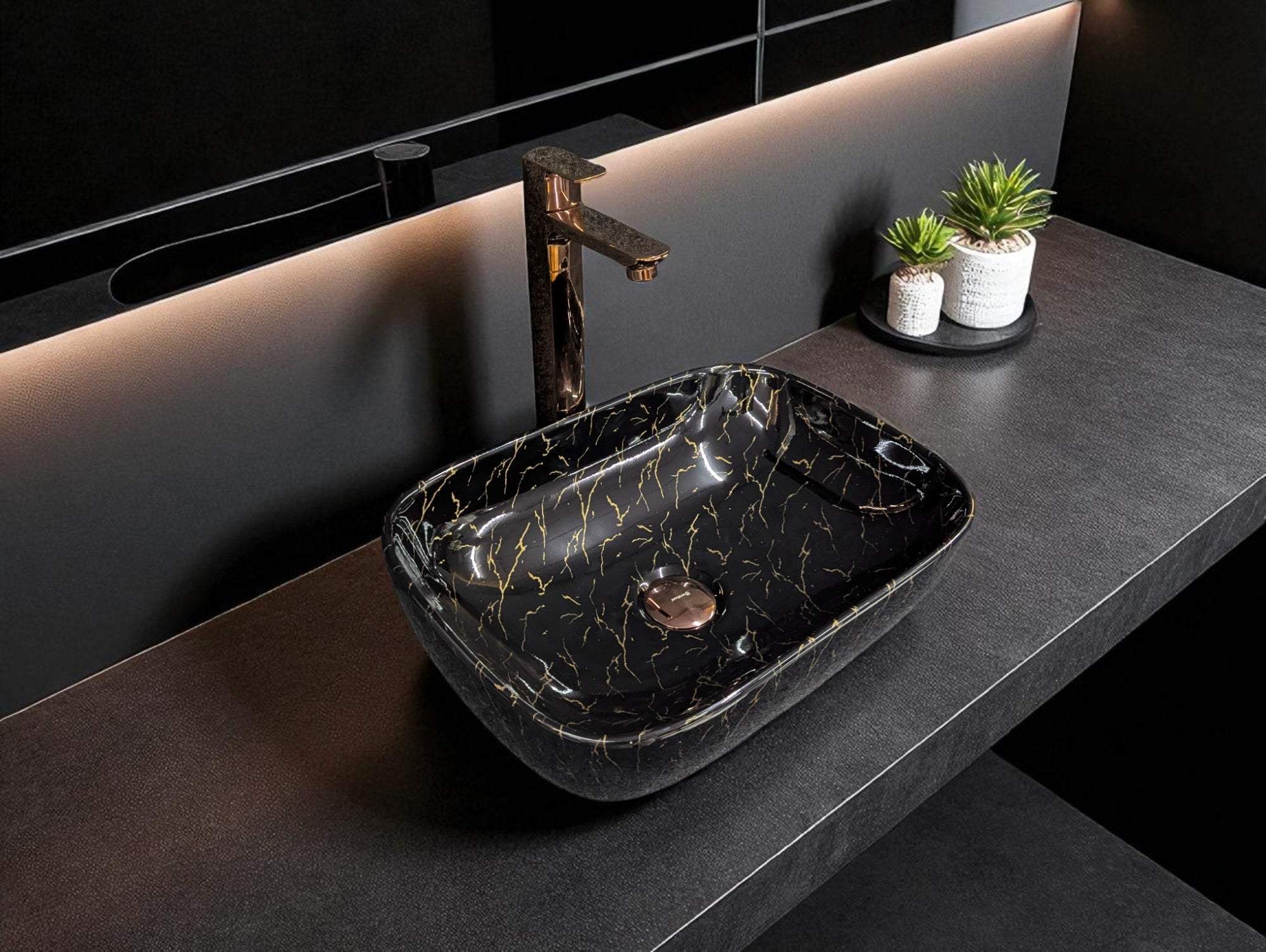 DELTA Table Top Premium Designer Ceramic Wash Basin(27) Designer Table Top Basin (Black & Golden)