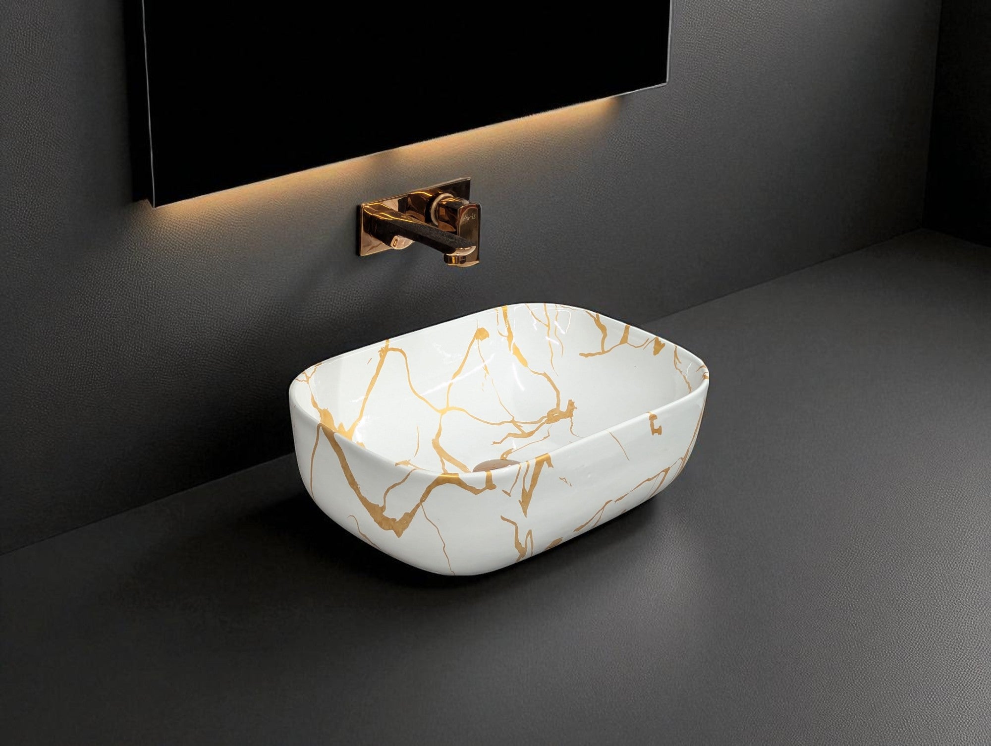 DELTA Premium Ceramic washbasin with Waste Pipe & Coupling set RJ_M51 Designer Wash Basin for Home,Kitchen,Restaurant and Hotel Table Top Basin  (White & Golden)