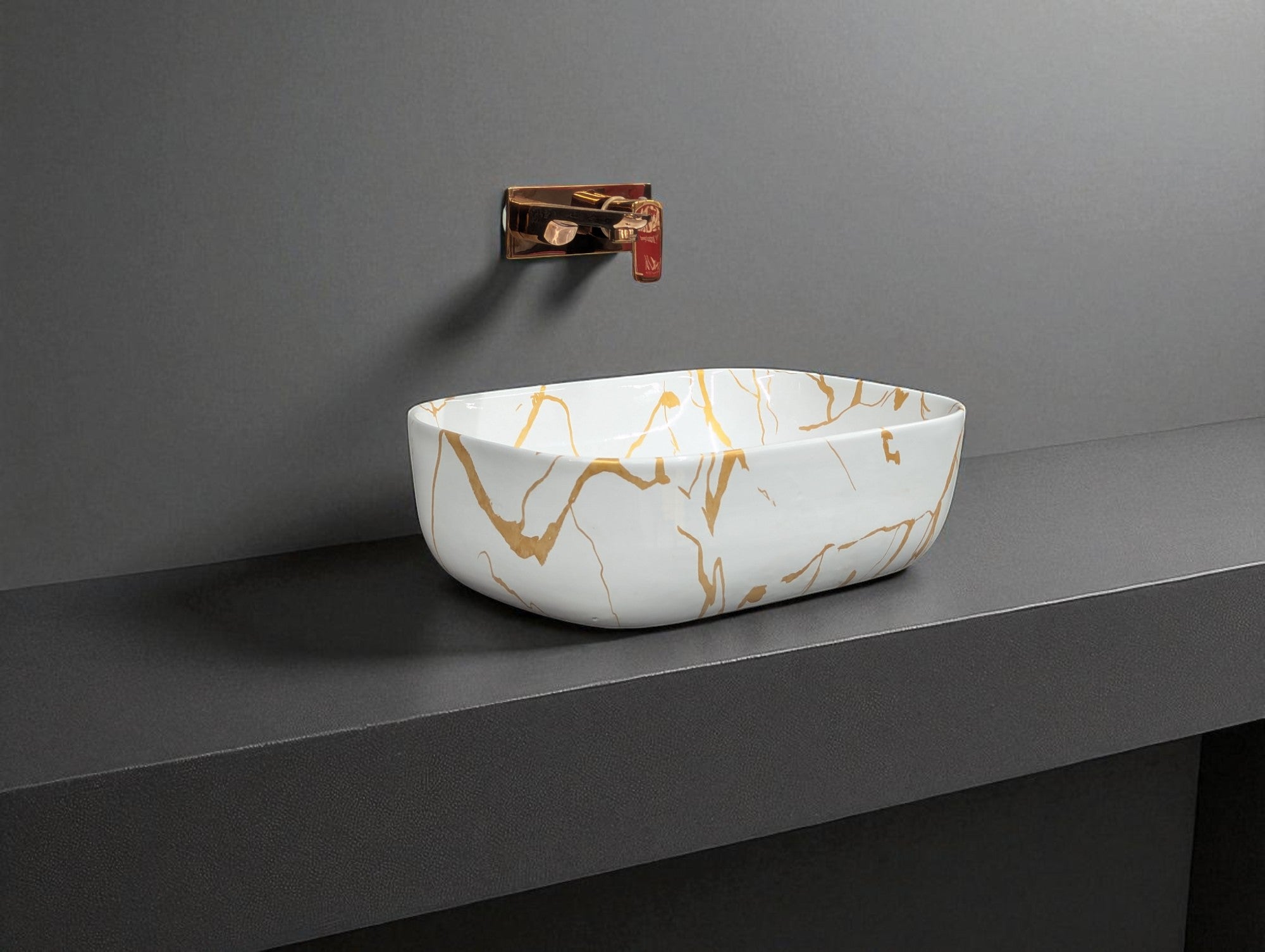 DELTA Premium Ceramic washbasin with Waste Pipe & Coupling set RJ_M51 Designer Wash Basin for Home,Kitchen,Restaurant and Hotel Table Top Basin  (White & Golden)