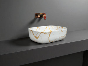 DELTA Premium Ceramic washbasin with Waste Pipe & Coupling set RJ_M51 Designer Wash Basin for Home,Kitchen,Restaurant and Hotel Table Top Basin  (White & Golden)